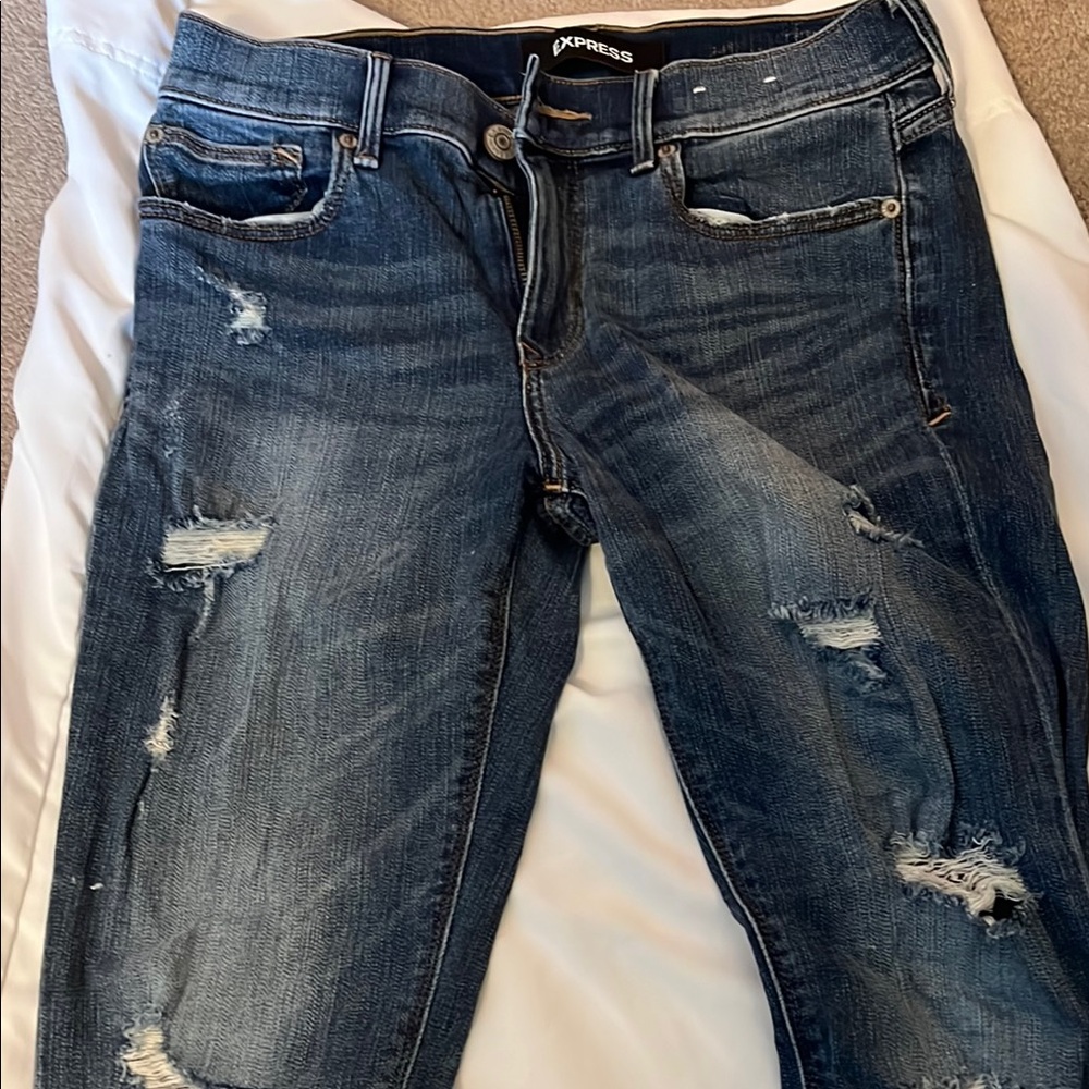 Express Blue Skinny Jeans with Distressed Details